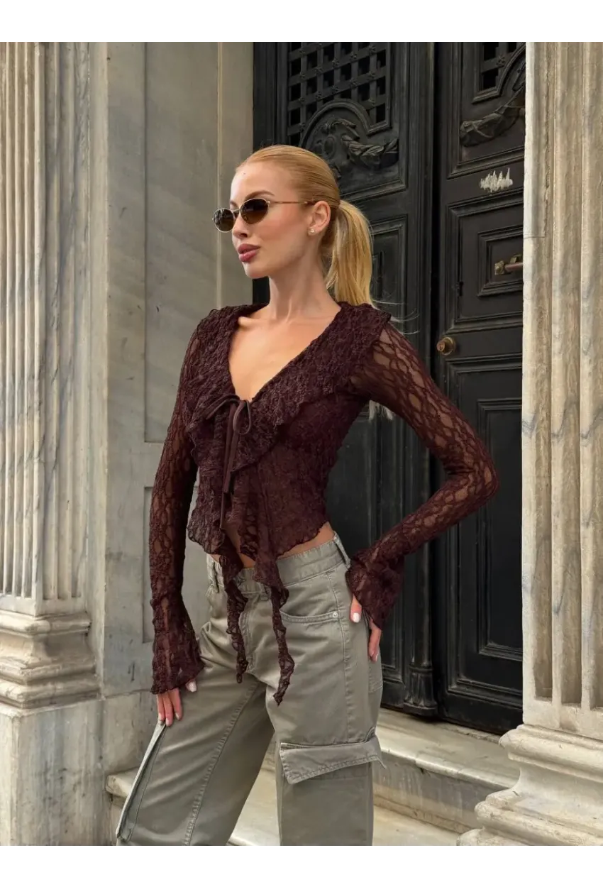 Pervazlı Dantel Kumaş Kahve Bluz