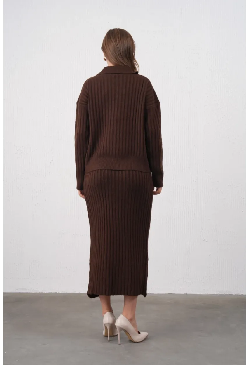 Polo Yaka Yarım Pat Örgü Detay Kazak Etek İkili Triko Takım