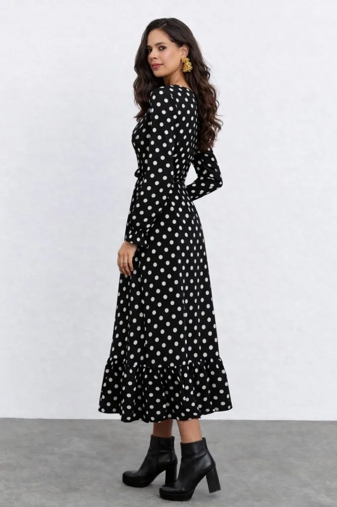 Puantiye Desenli Bağlama Detaylı Uzun Kol Midi Elbise – Siyah