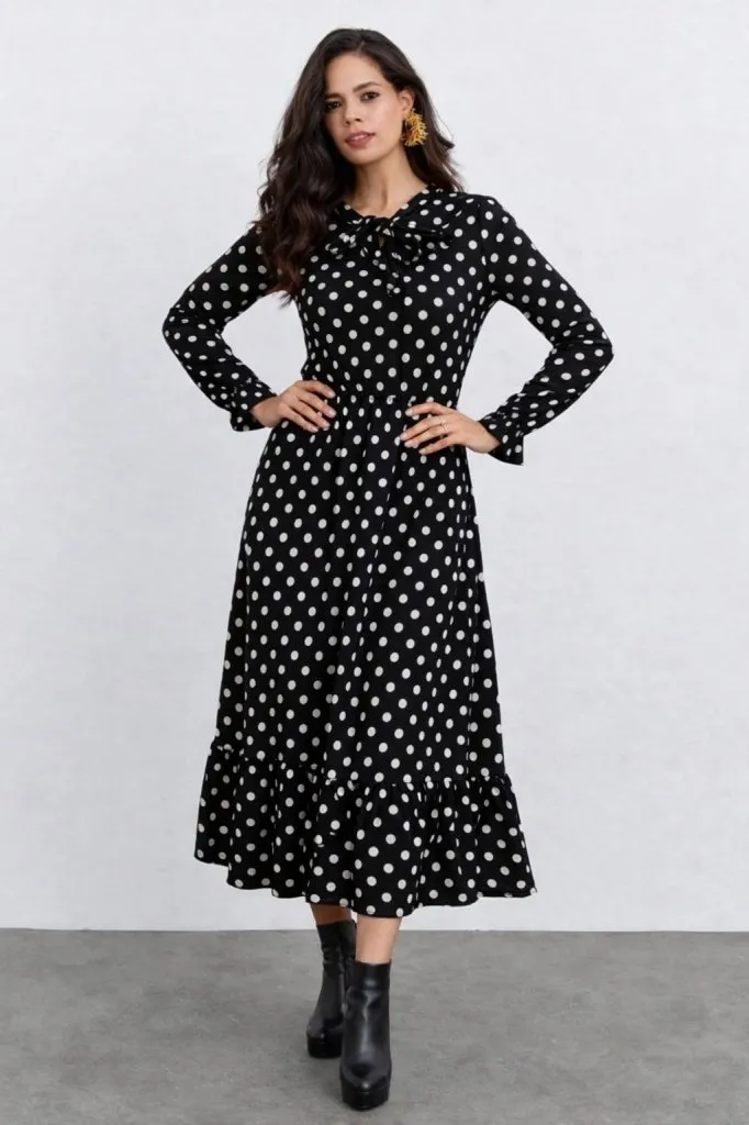 Puantiye Desenli Bağlama Detaylı Uzun Kol Midi Elbise – Siyah