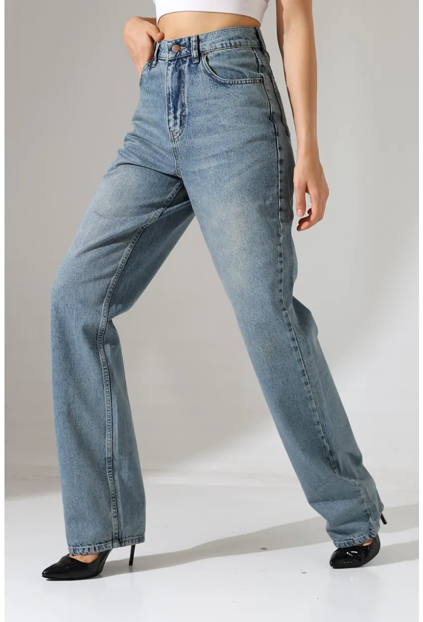 Rahat Kalıp Yüksek Bel Düz Paça Kot Pantolon
