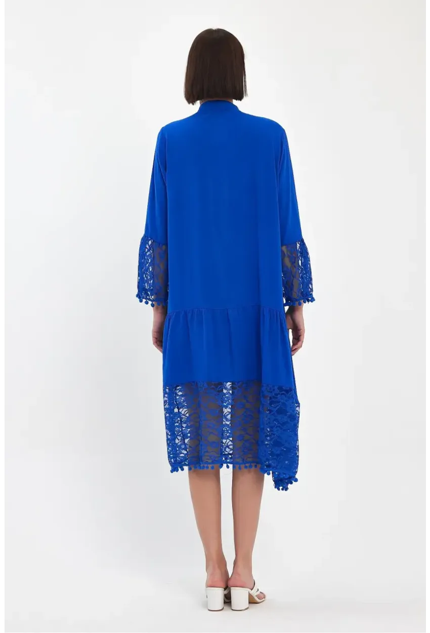 Saks Hakim Yaka Düğmeli Tül Detaylı Viskon Elbise