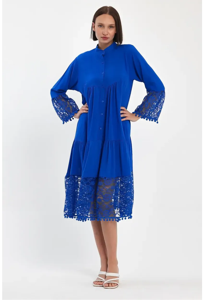 Saks Hakim Yaka Düğmeli Tül Detaylı Viskon Elbise