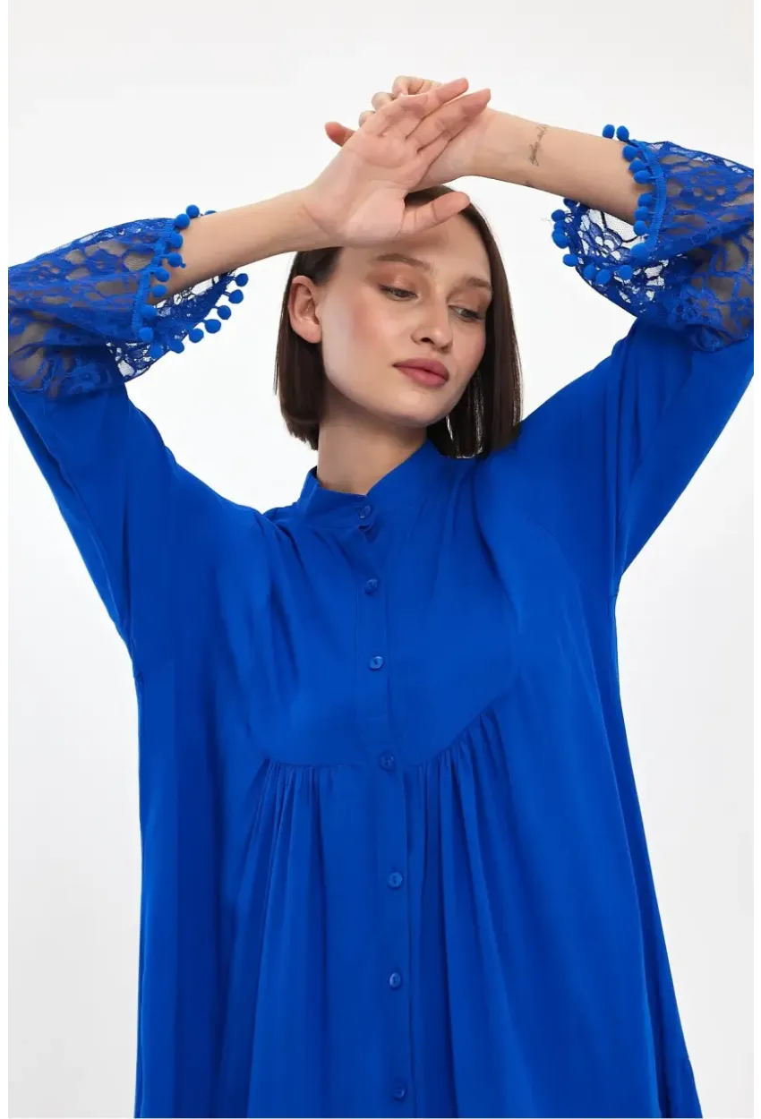 Saks Hakim Yaka Düğmeli Tül Detaylı Viskon Elbise