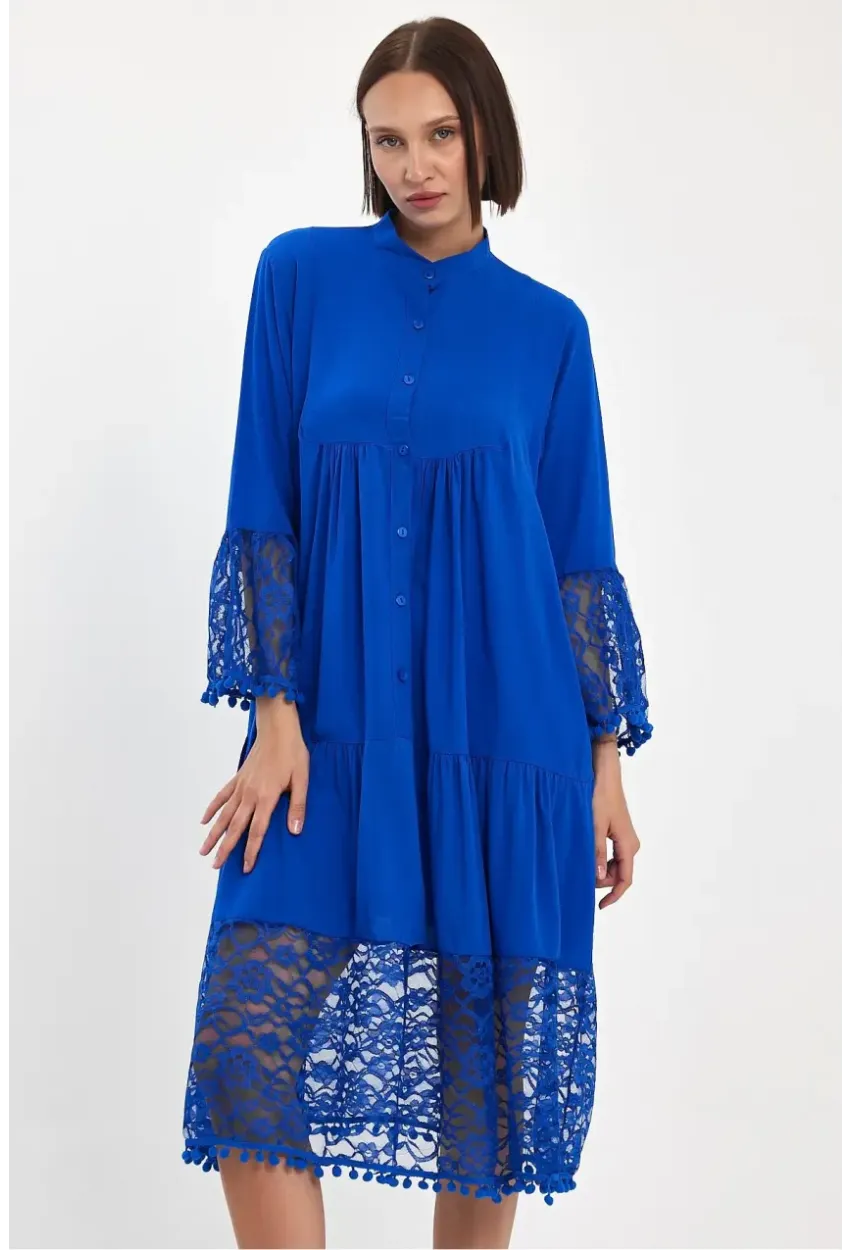 Saks Hakim Yaka Düğmeli Tül Detaylı Viskon Elbise