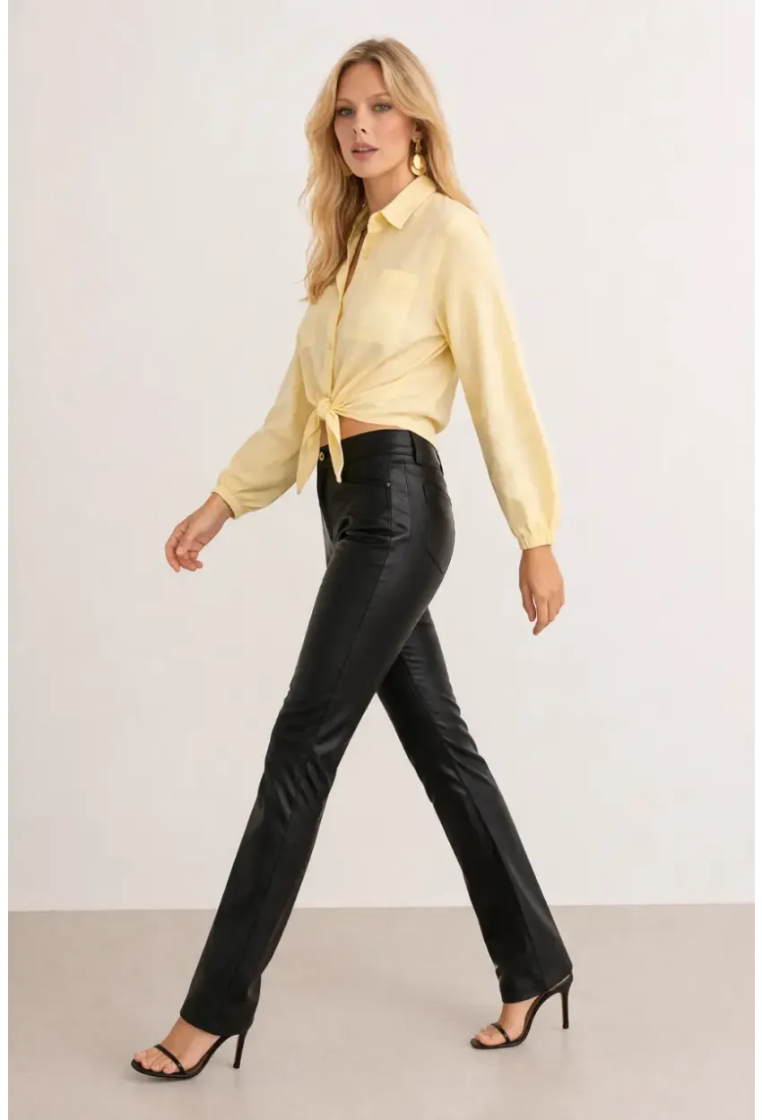 Sarı Bağlamalı Crop Gömlek – Lastikli Kol Detaylı Yazlık Kadın Gömlek