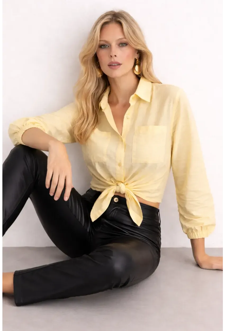Sarı Bağlamalı Crop Gömlek – Lastikli Kol Detaylı Yazlık Kadın Gömlek