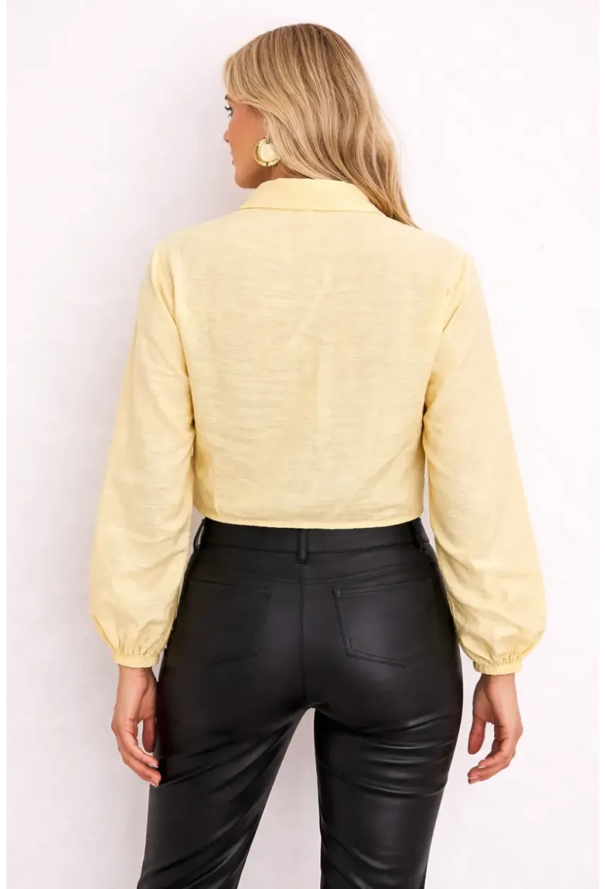 Sarı Bağlamalı Crop Gömlek – Lastikli Kol Detaylı Yazlık Kadın Gömlek