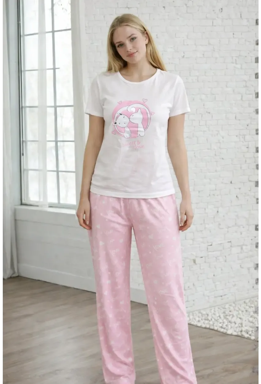 Sevimli Kedi Baskılı Pamuklu Kadın Pijama Takımı – Love Desenli Alt
