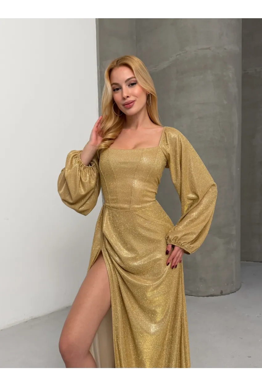 Simli Kumaş Sırt Detay Yırtmaçlı Maxi Boy Elbise Sarı