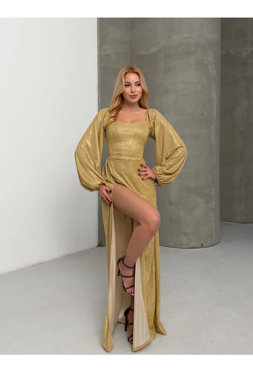 Simli Kumaş Sırt Detay Yırtmaçlı Maxi Boy Elbise Sarı