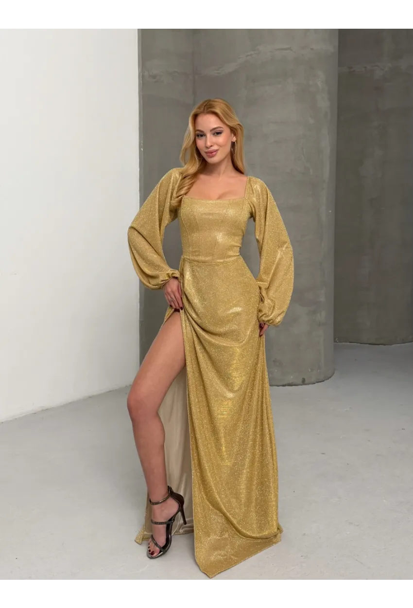 Simli Kumaş Sırt Detay Yırtmaçlı Maxi Boy Elbise Sarı