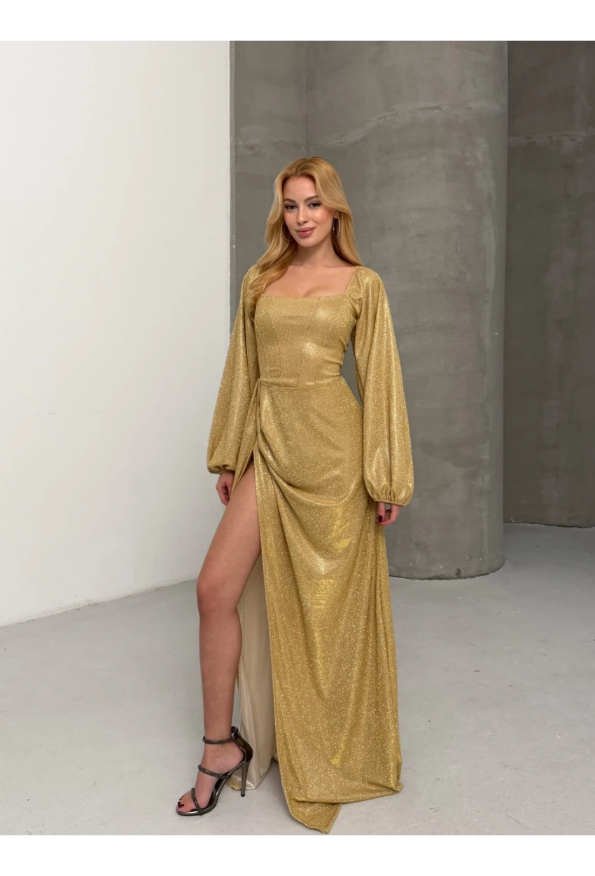 Simli Kumaş Sırt Detay Yırtmaçlı Maxi Boy Elbise Sarı