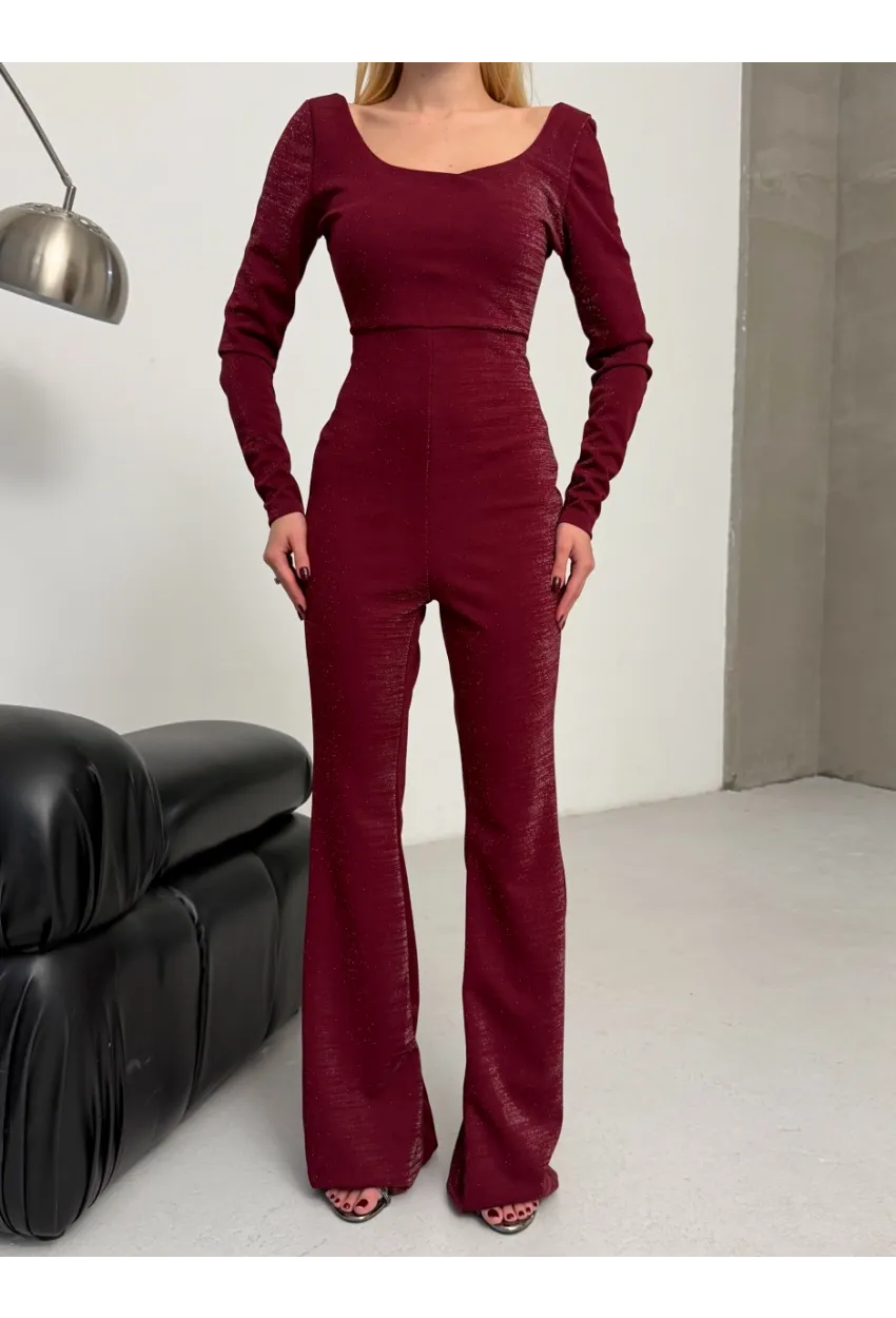 Simli Scuba Kumaş Sırt Detay Tulum Bordo