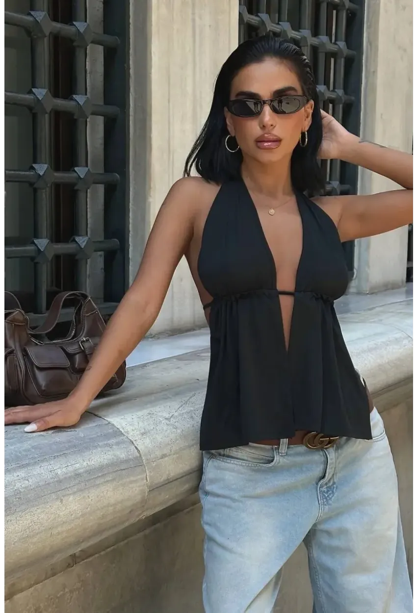 Sırtı Bağcıklı Boyundan Askılı Dekolte Bluz Siyah