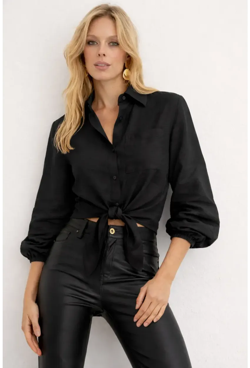 Siyah Bağlamalı Crop Gömlek – Lastikli Kol Detaylı Yazlık Kadın Gömlek