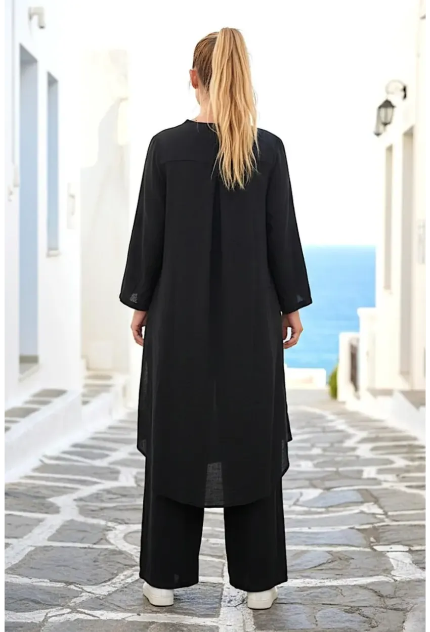 Siyah Bağlamalı Kimono Keten Takım