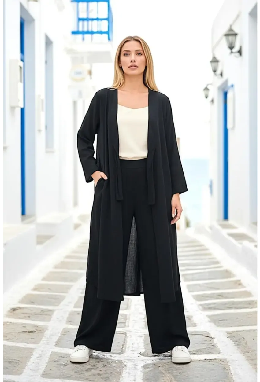 Siyah Bağlamalı Kimono Keten Takım