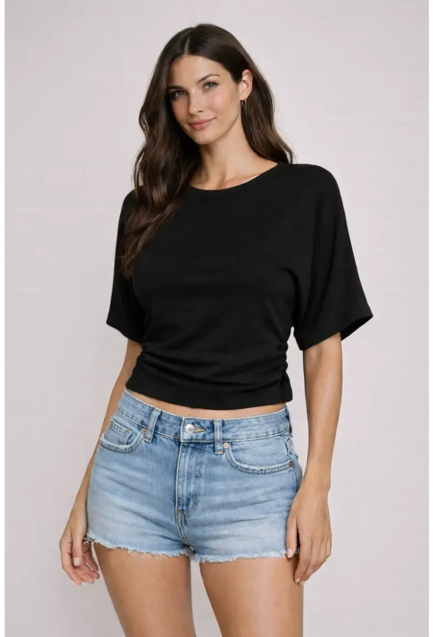 Siyah Büzgü Detaylı Crop Bluz – Yarım Kol Basic Şık Tişört