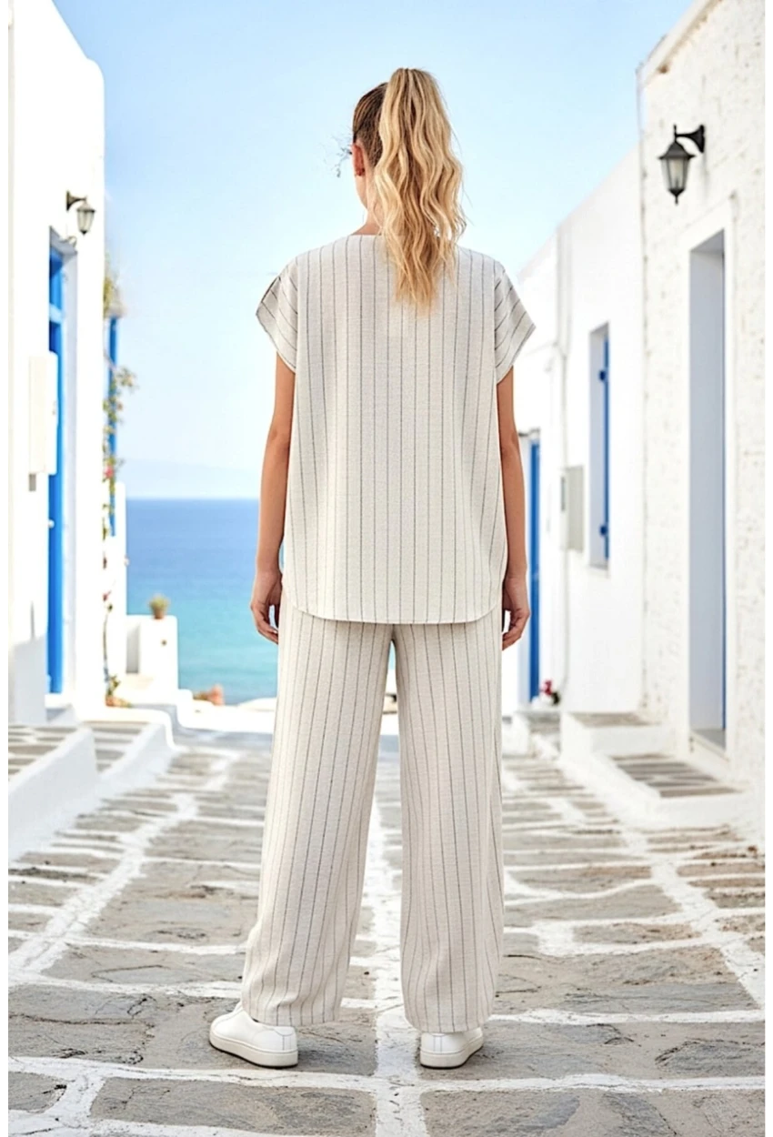 Siyah Çizgili Keten Alt Üst Takım