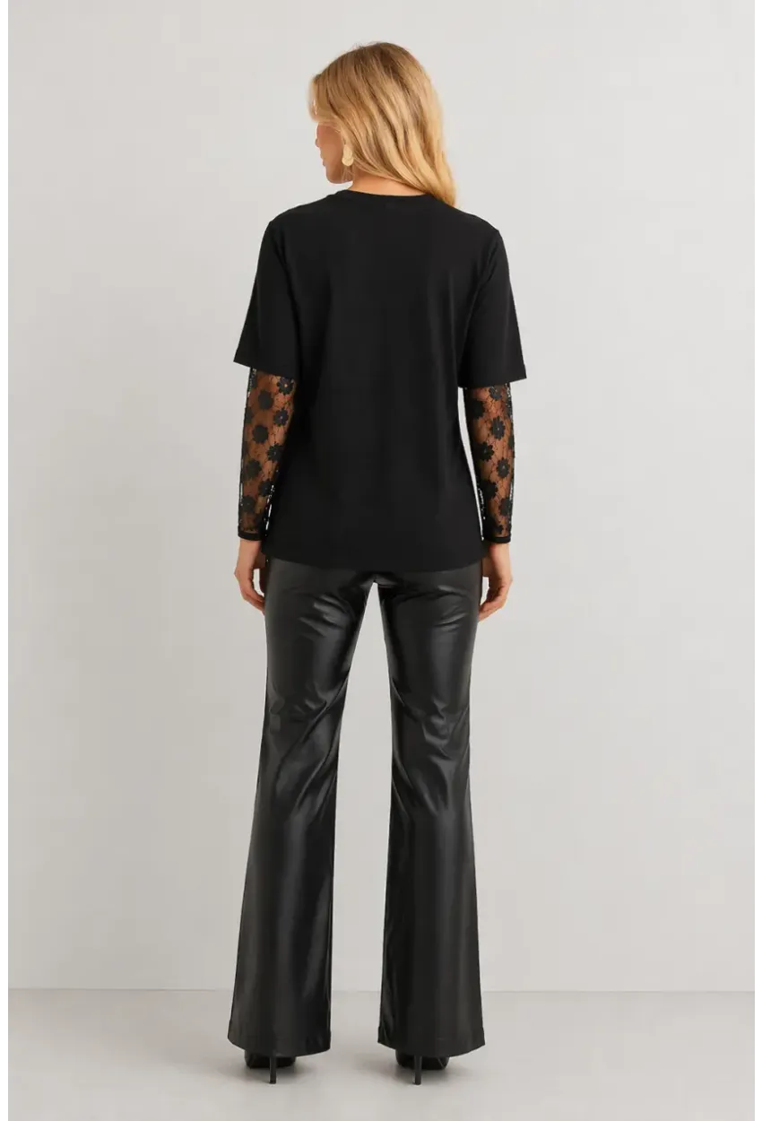 Siyah Dantel Kol Detaylı Oversize Kadın T-Shirt