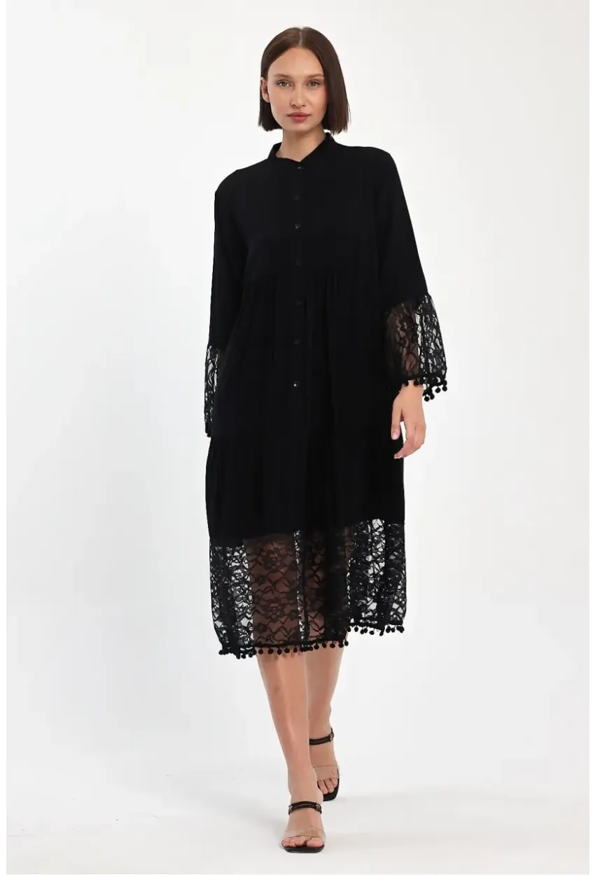 Siyah Hakim Yaka Düğmeli Tül Detaylı Viskon Elbise