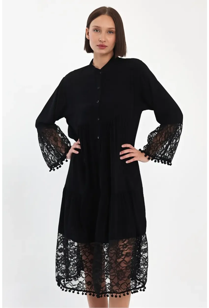Siyah Hakim Yaka Düğmeli Tül Detaylı Viskon Elbise