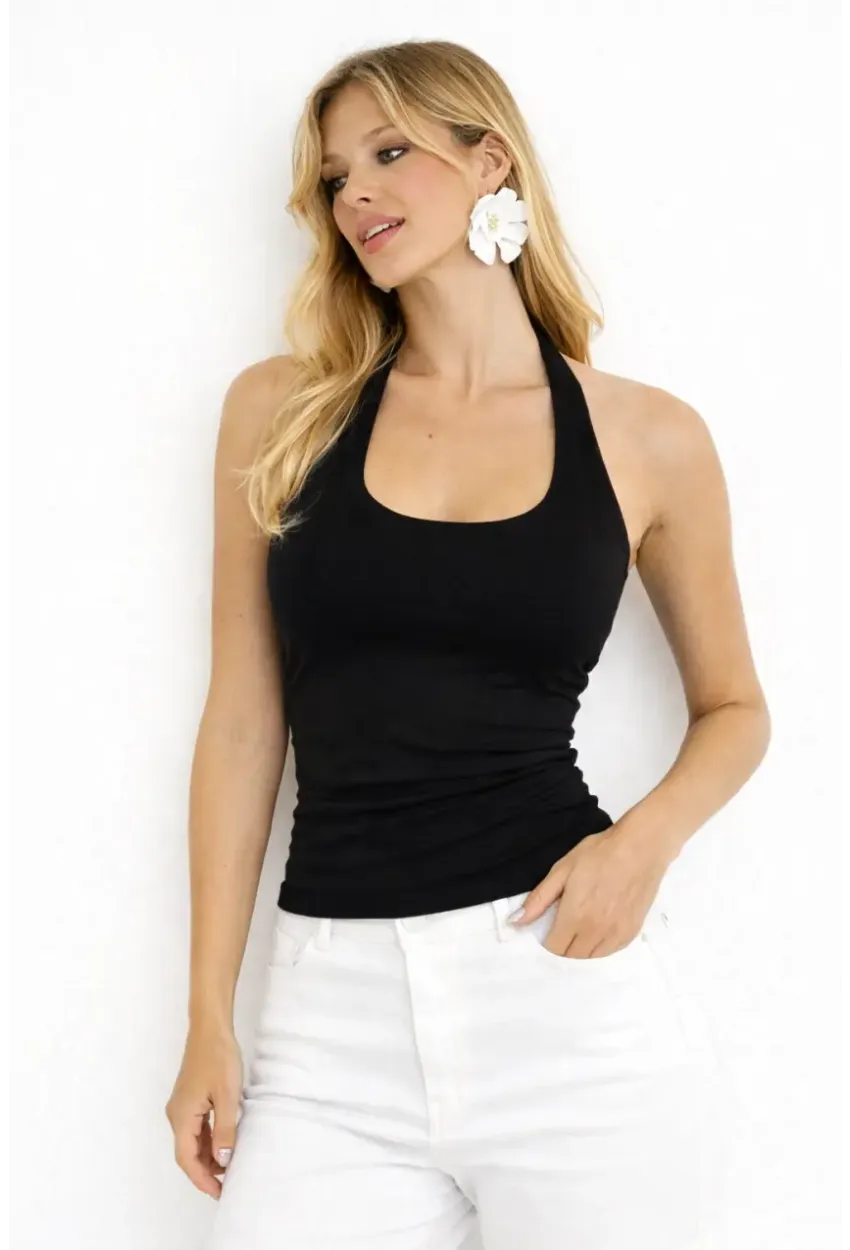 Siyah Halter Yaka Crop Bluz – Esnek Fit, Sırt Dekolteli Şık Tasarım