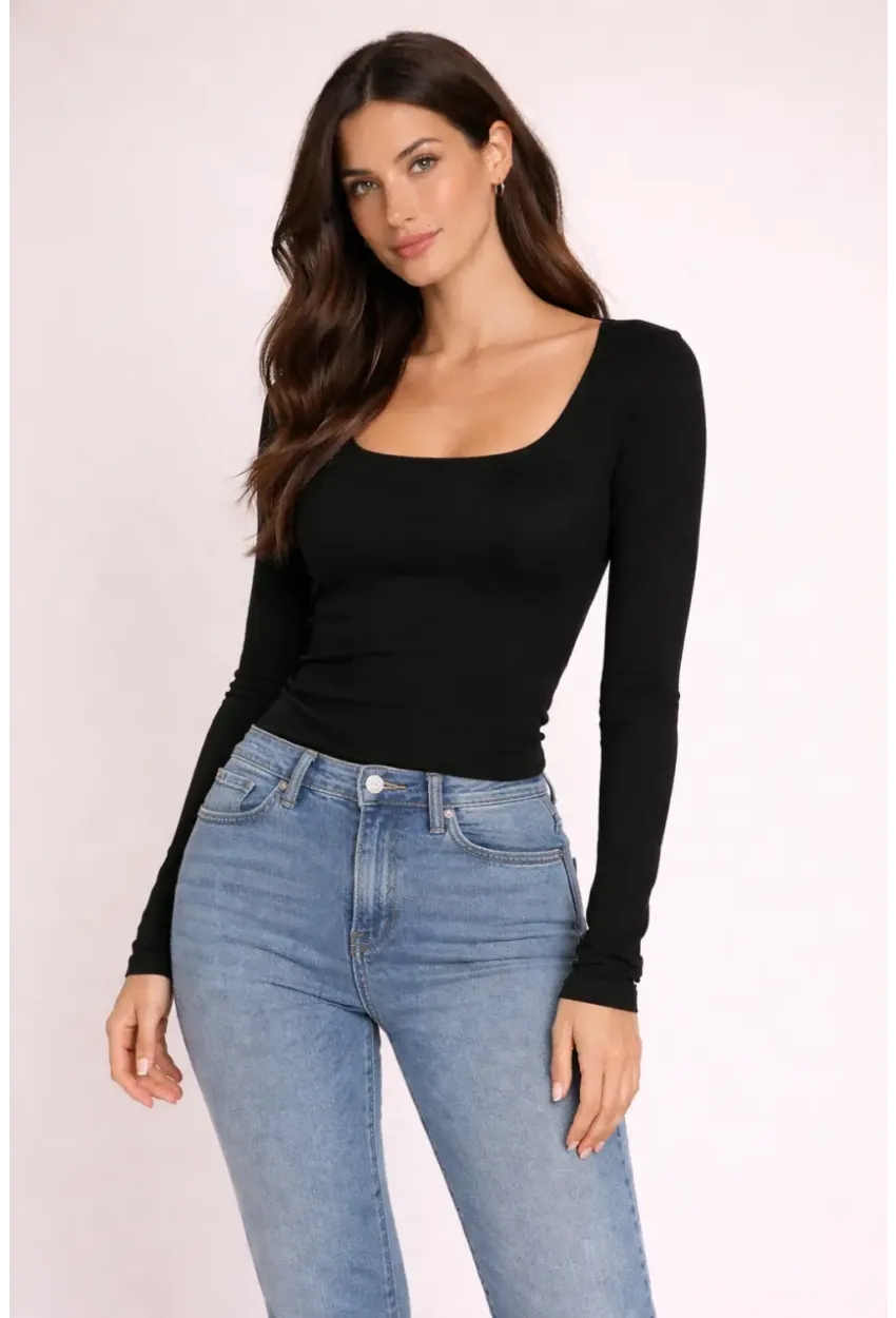 Siyah Kare Yaka Uzun Kollu Basic Bluz – Esnek Kumaş Günlük Şık Kadın Bluz