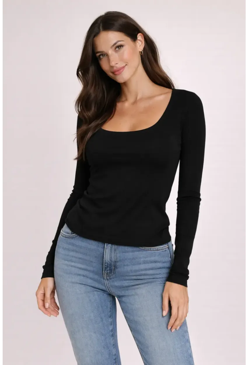 Siyah Kare Yaka Uzun Kollu Basic Bluz – Esnek Kumaş Günlük Şık Kadın Bluz