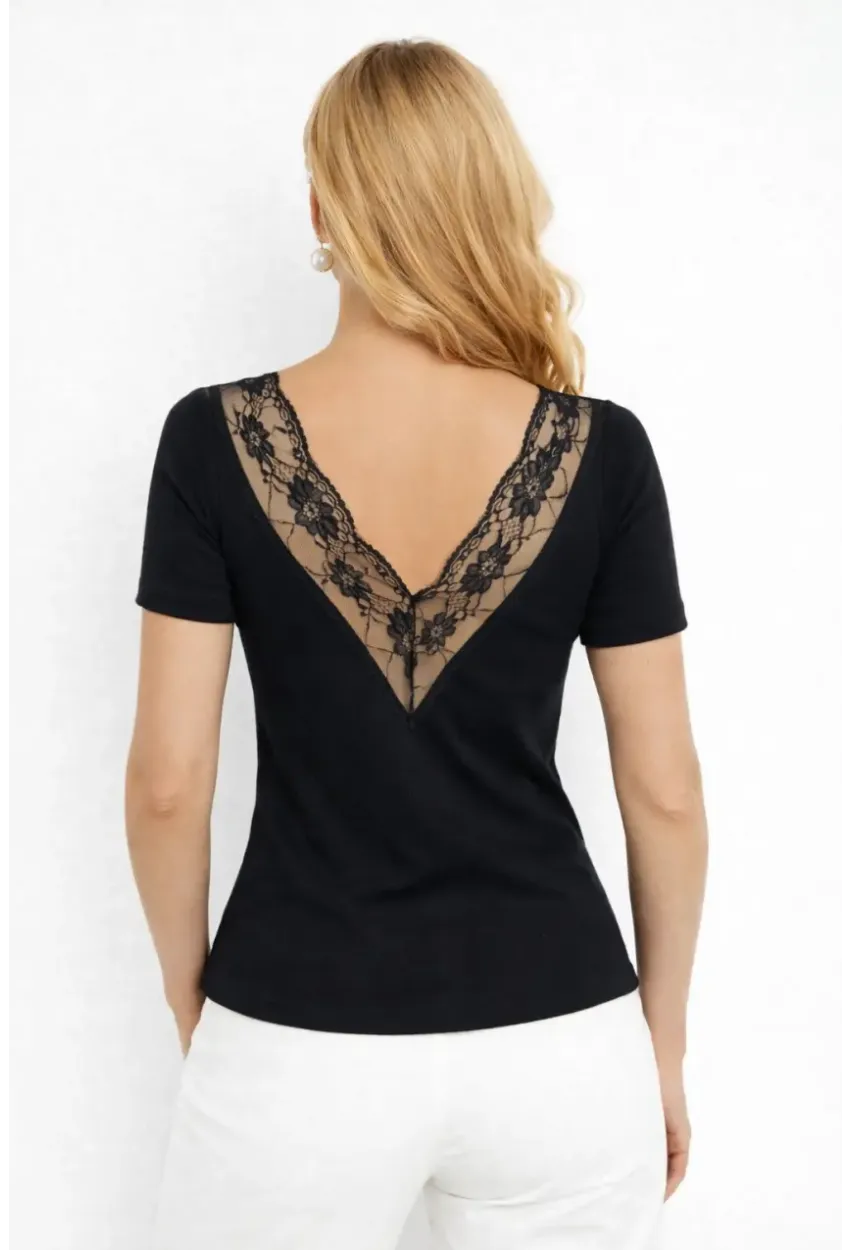 Siyah Kaşkorse V Yaka Dantel Detaylı Kısa Kollu Bluz