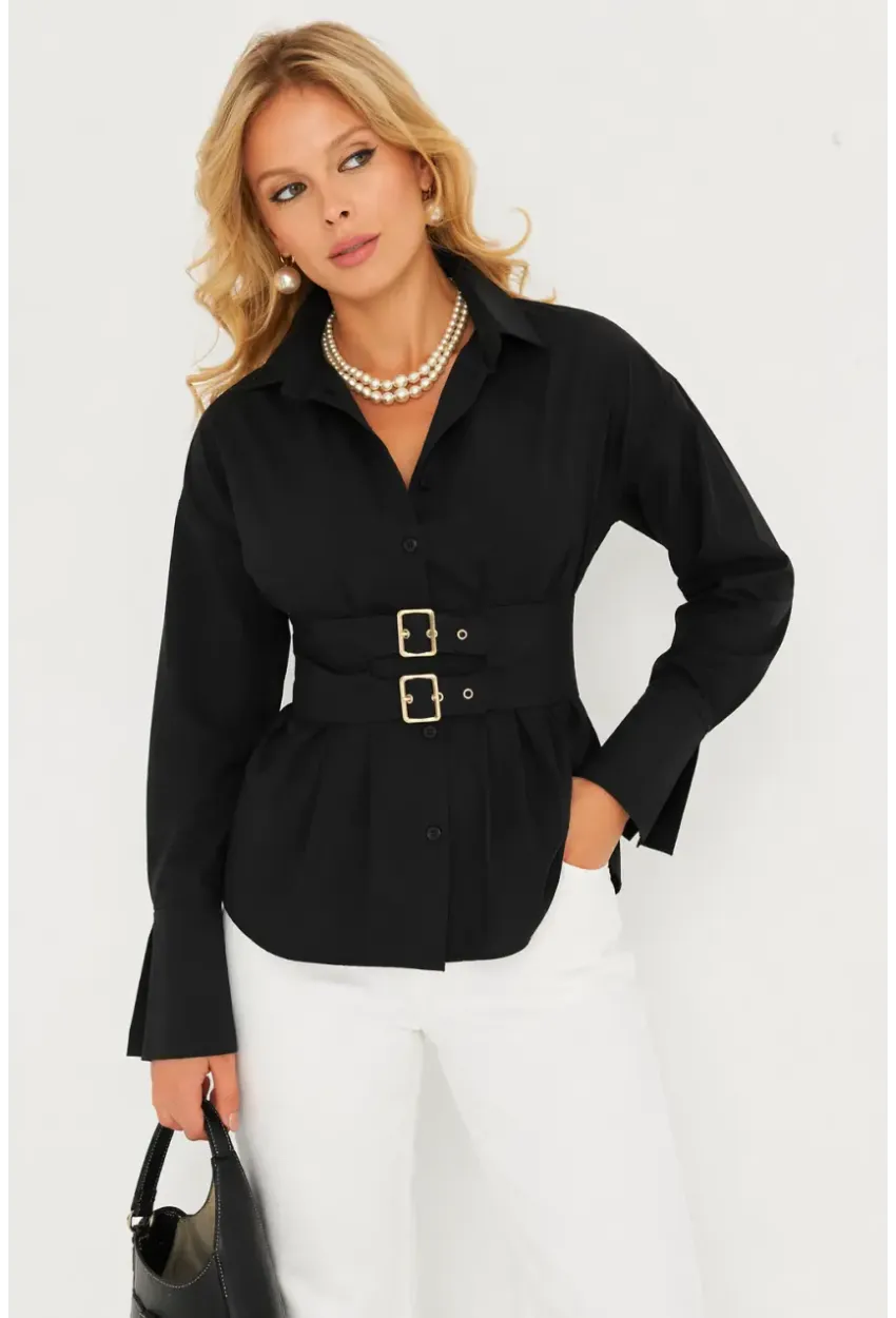 Siyah Korseli Detaylı Şık Gömlek – Bel Vurgulu Modern Kesim
