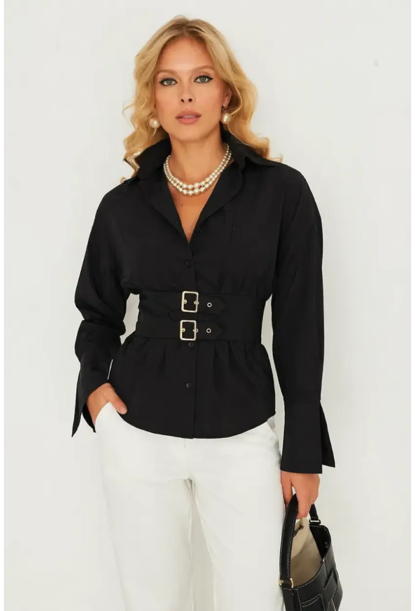Siyah Korseli Detaylı Şık Gömlek – Bel Vurgulu Modern Kesim