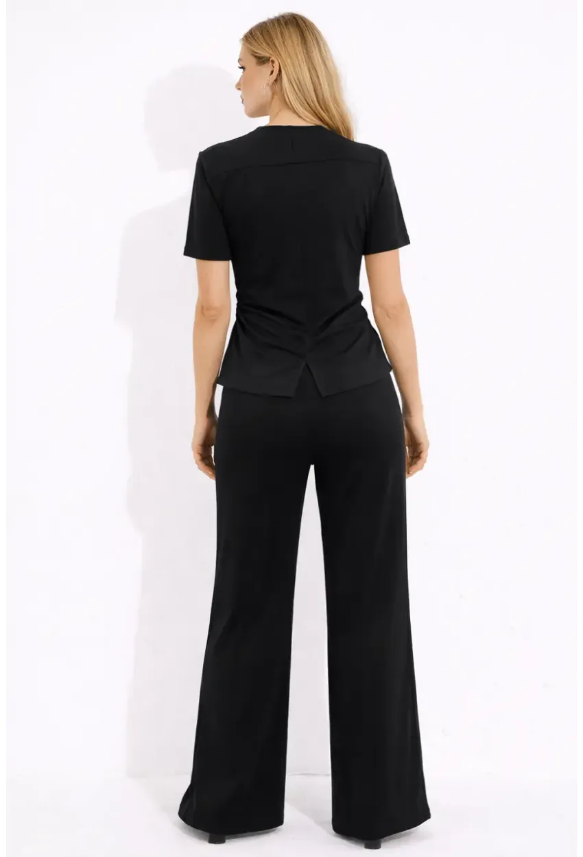 Siyah Modal Kumaş Kısa Kollu Pile Detaylı Eşofman Takımı