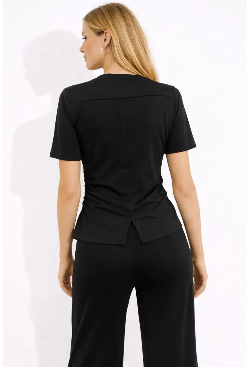 Siyah Modal Kumaş Kısa Kollu Pile Detaylı Eşofman Takımı