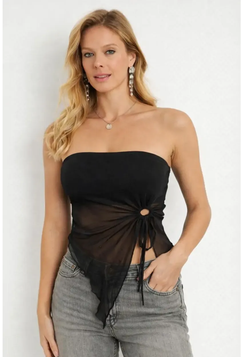 Siyah Straplez Tül Detaylı Büzgülü Crop Bluz