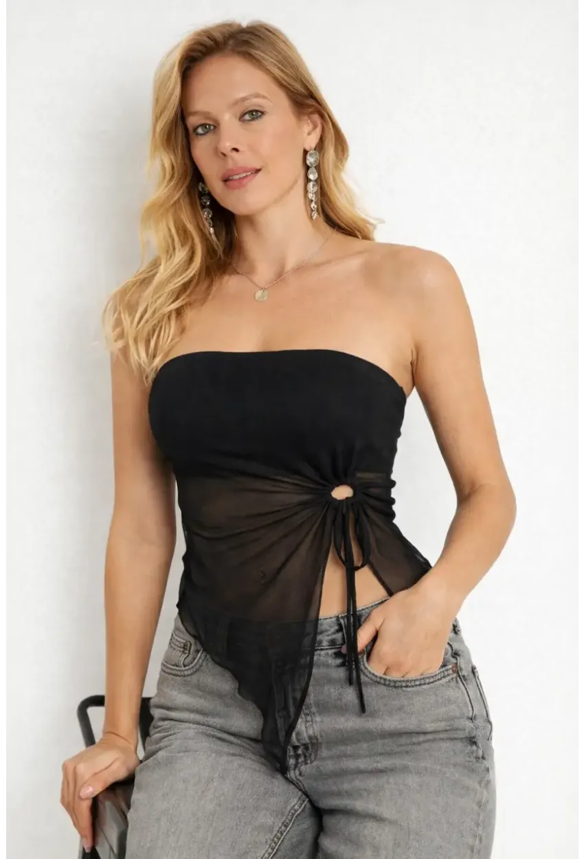 Siyah Straplez Tül Detaylı Büzgülü Crop Bluz