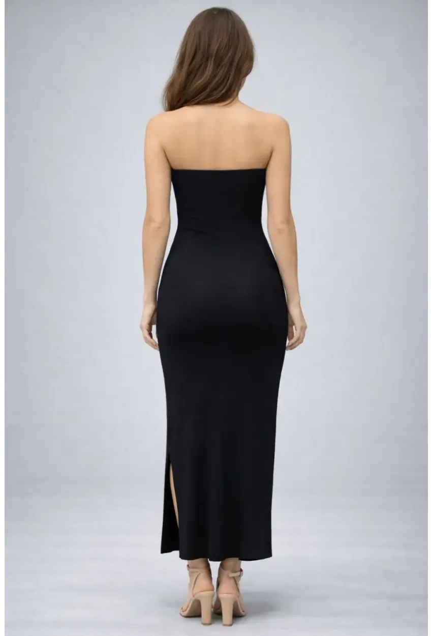Siyah Straplez Yırtmaç Detaylı Uzun Elbise