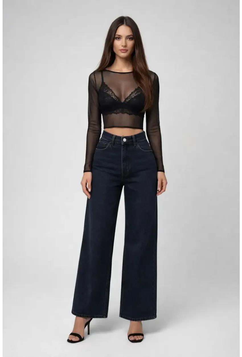 Siyah Transparan Tül Crop Bluz – Şık & Feminen Tasarım