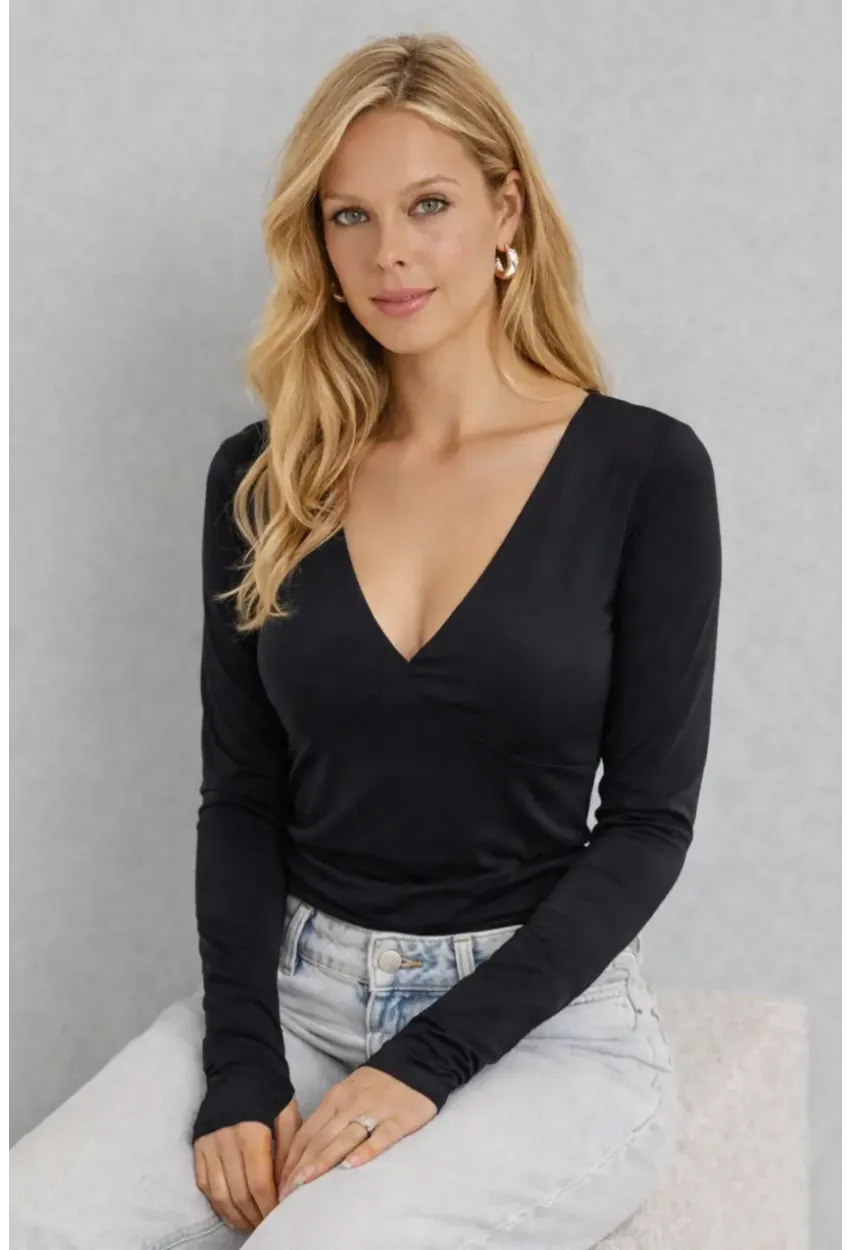 Siyah V Yaka Uzun Kollu Parmak Geçmeli Basic Bluz
