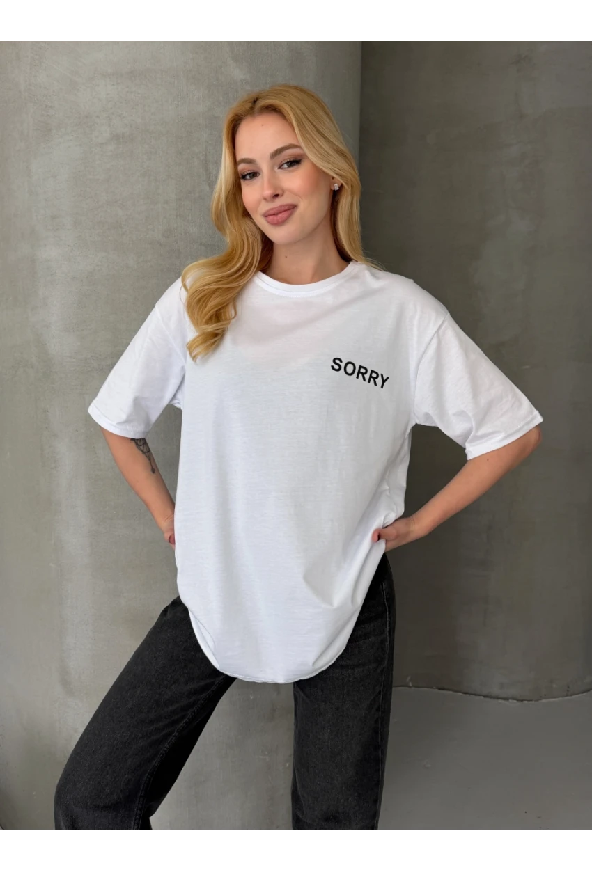 Sorry Yazılı Sırt Baskılı Oversize Kadın Tişört Beyaz