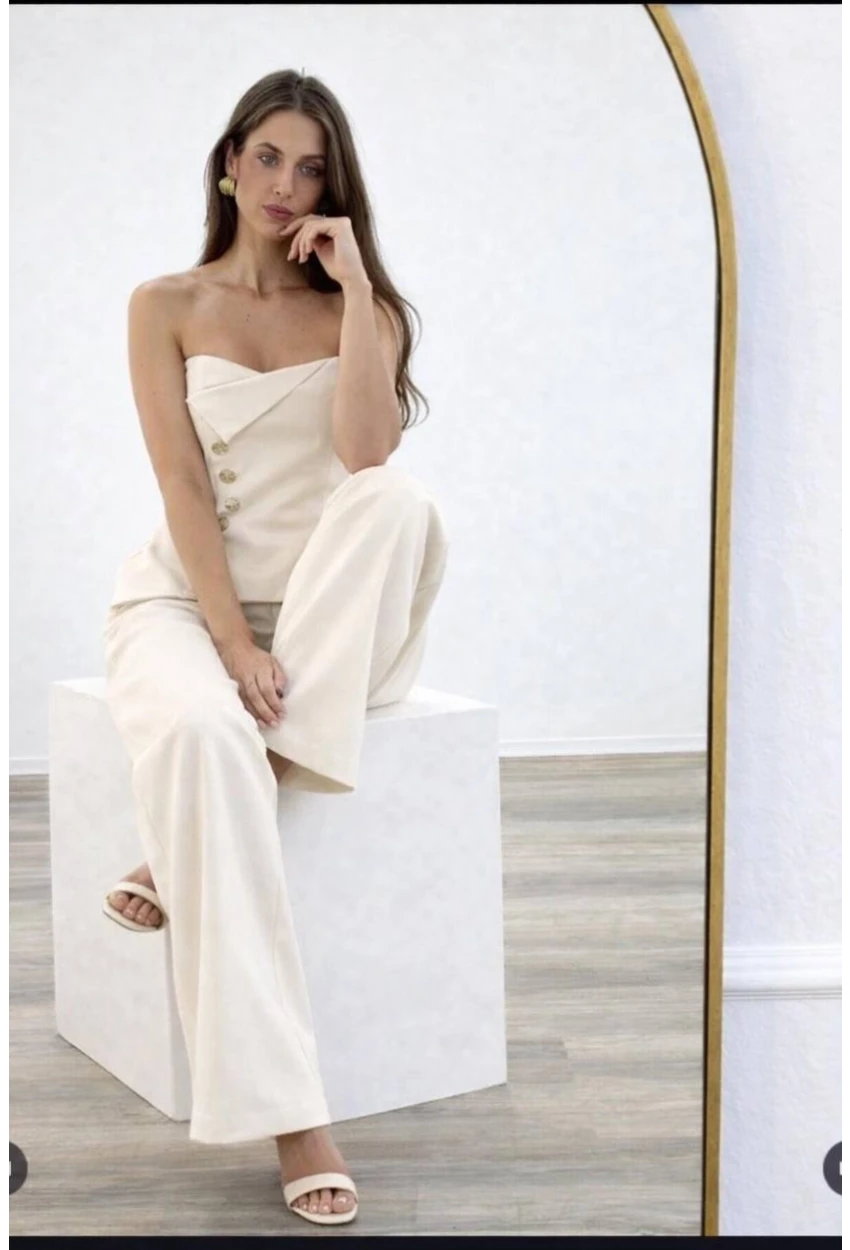 Straplez Bluz ve Pantalon Alt Üst Takım Ekru