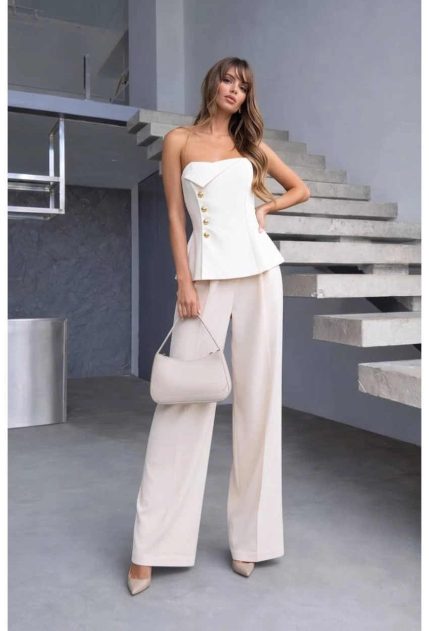 Straplez Bluz ve Pantalon Alt Üst Takım Ekru