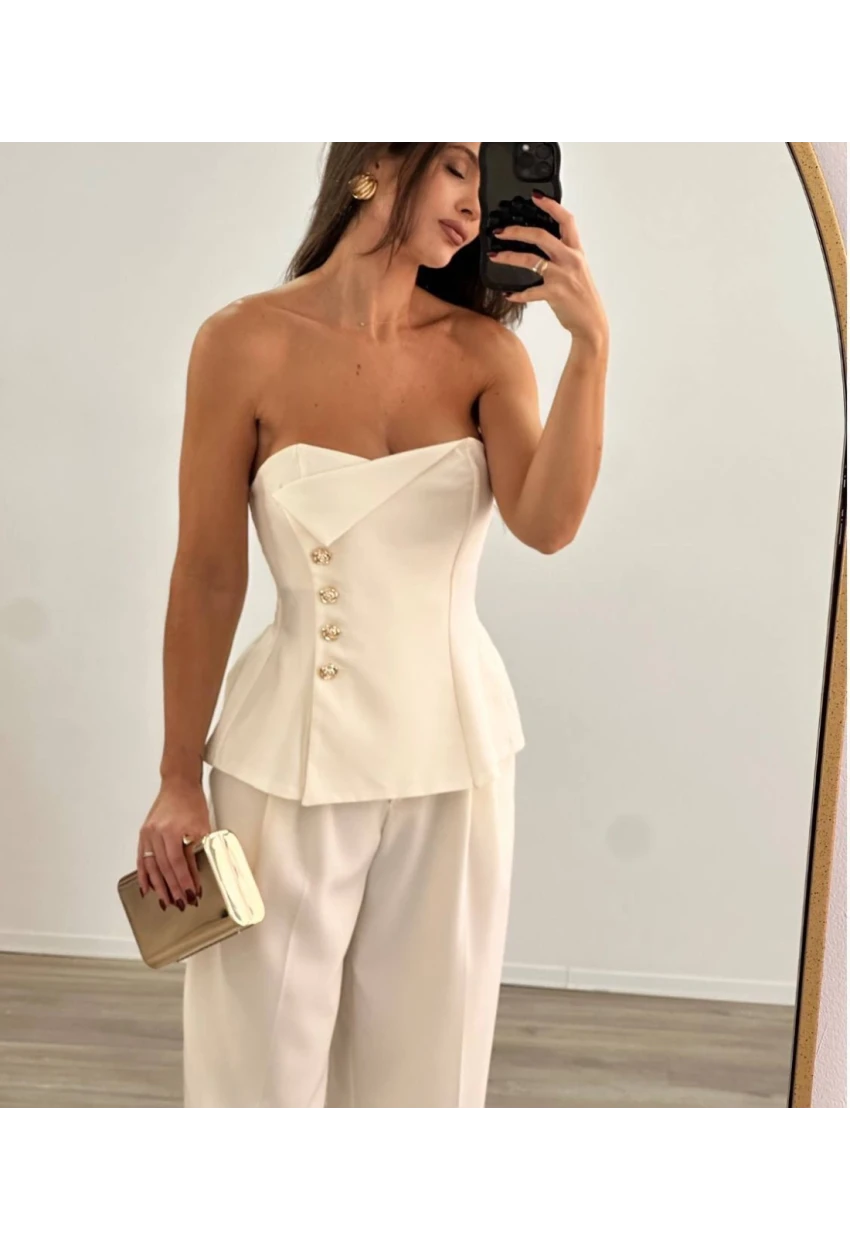 Straplez Bluz ve Pantalon Alt Üst Takım Ekru