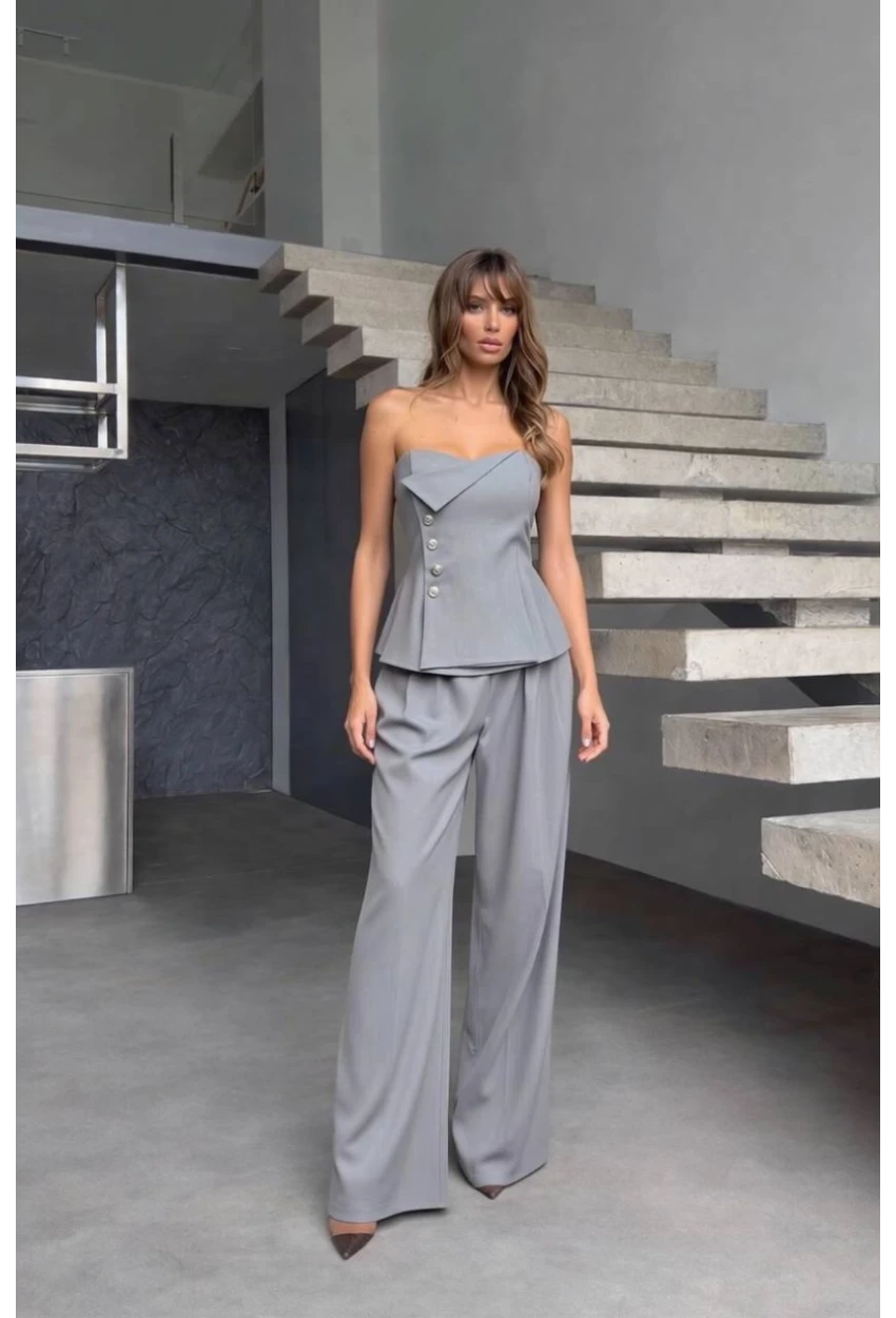 Straplez Bluz ve Pantalon Alt Üst Takım Gri