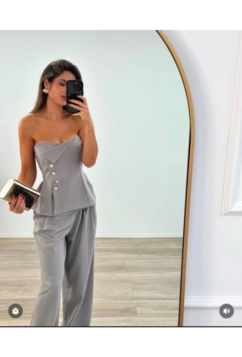 Straplez Bluz ve Pantalon Alt Üst Takım Gri