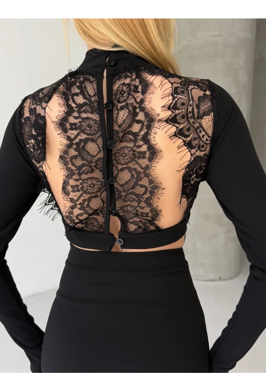 Suyolu Dantel Detaylı Sırt Dekolte Siyah Mini Elbise