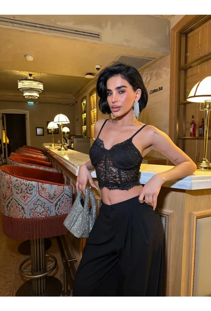 Taş Detay Dantel Crop Büstiyer