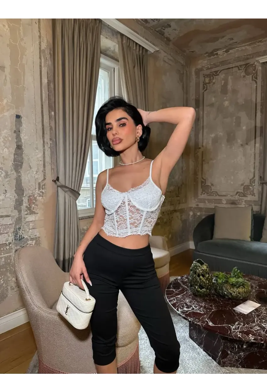 Taş Detay Dantel Crop Büstiyer