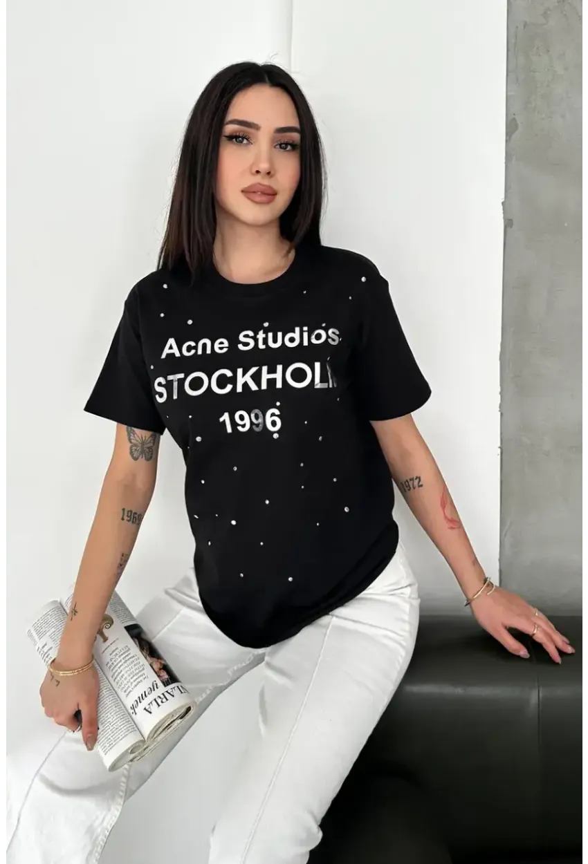 Taş Detaylı Yazılı Tişört Siyah